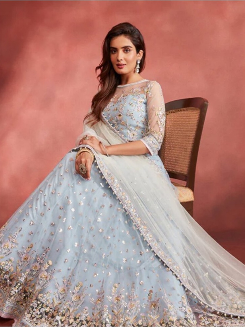 Lashkaraa Elegant Dusty Blue Embroidered Women's Lehenga with Sheer Sleeves